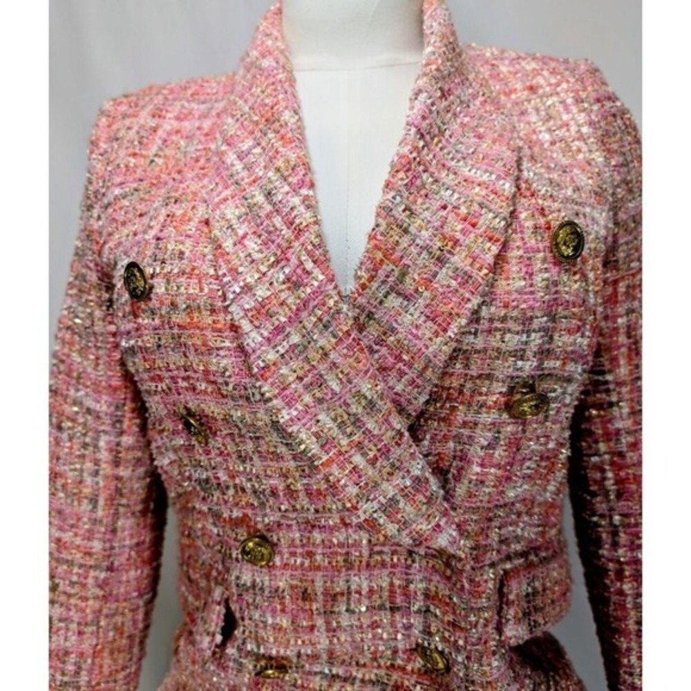 Aqua Pink Gold Tweed Double Breasted Blazer Jacket Size XS - Picture 11 of 16